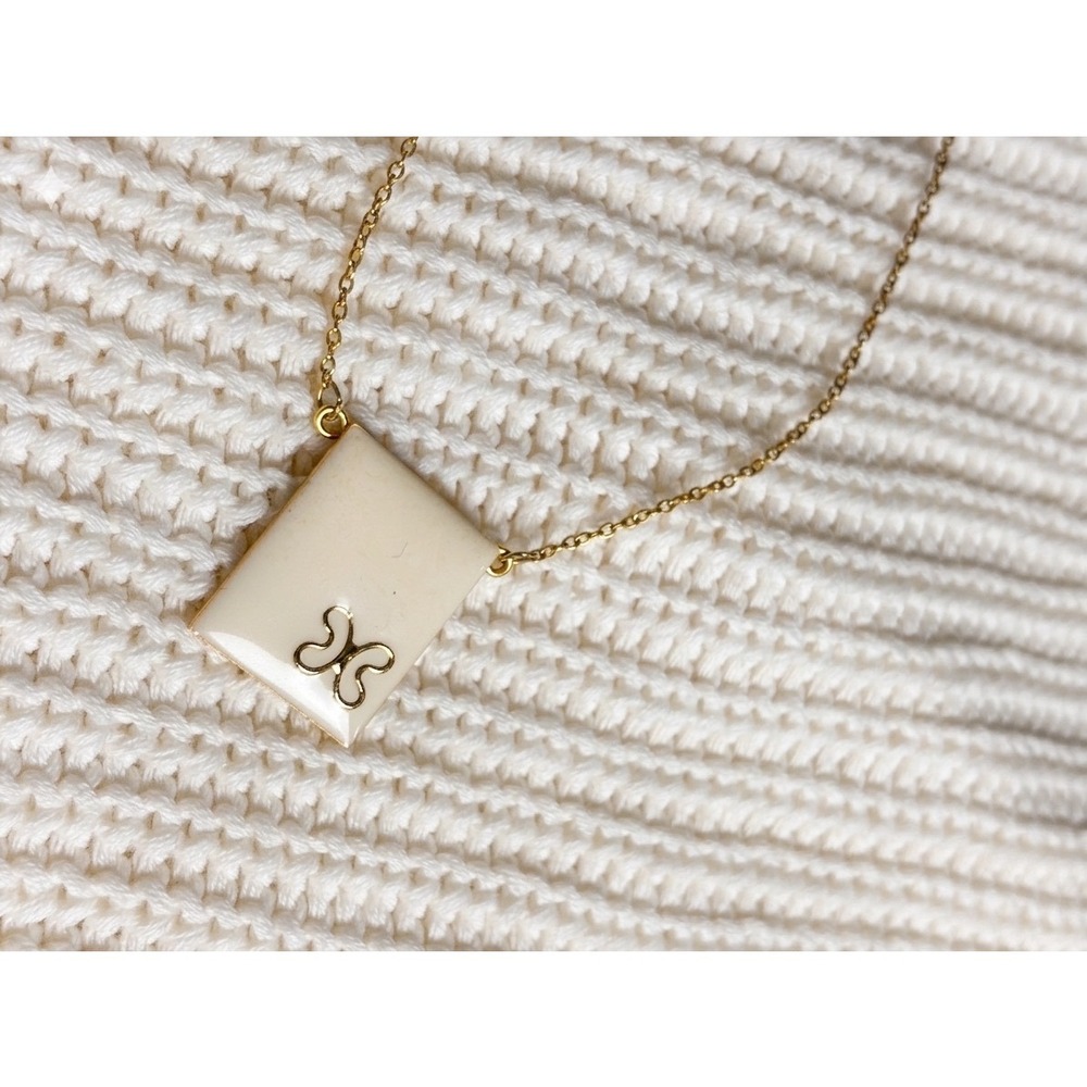Vintage Cream Enamel Rectangle Pendant Necklace Gold Tone Dainty Chain